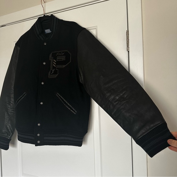 Polo Ralph Lauren The Iconic Letterman Jack Black Wool & Leather Bomber Jacket - Picture 3 of 12